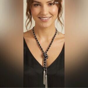 GUESS Two-Tone Black & Silver Knotted Tassel Lariat Necklace